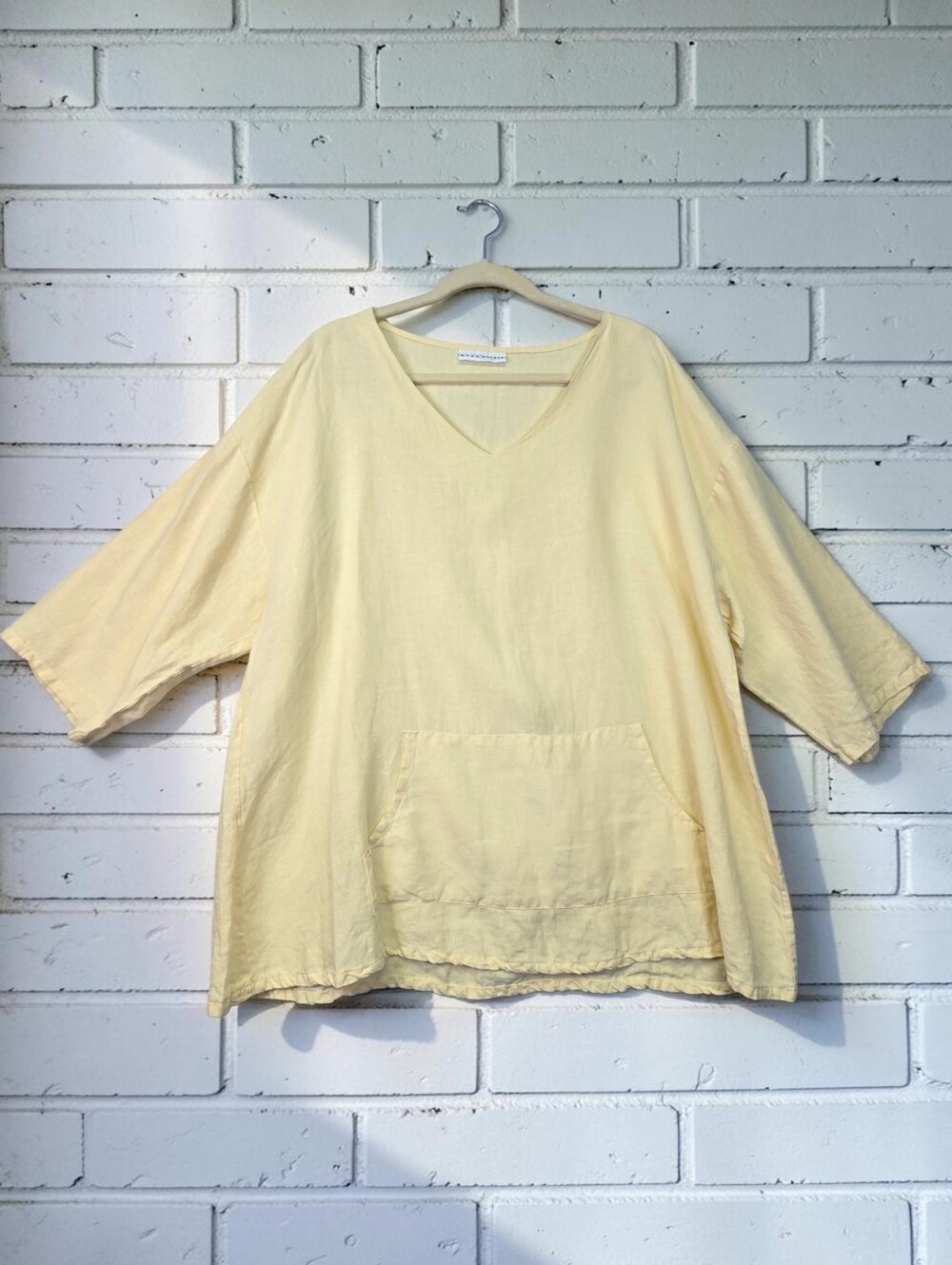 Bryn Walker 100% Linen Oversize Tunic Top Pale Yellow Pocket 3/4 Sleeve Size L